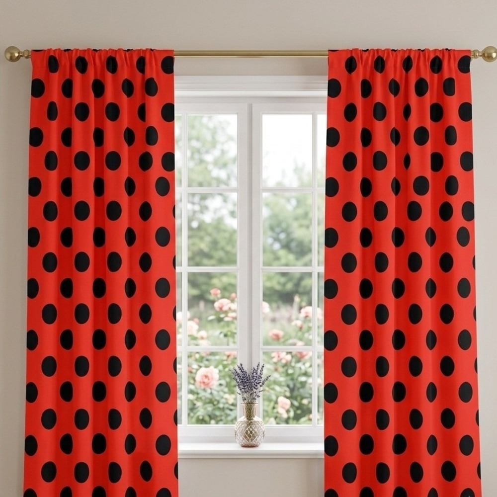 Ambesonne Red Black Polka Dot Curtains 2 Panel Set 56x63 Rod Pocket Microfiber
